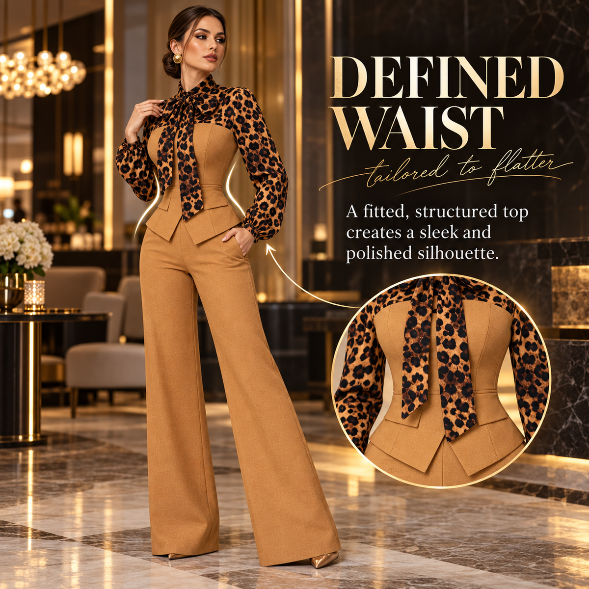 Casual Elegant Leopard Contrast Top & High-Waist Trouser Outfit