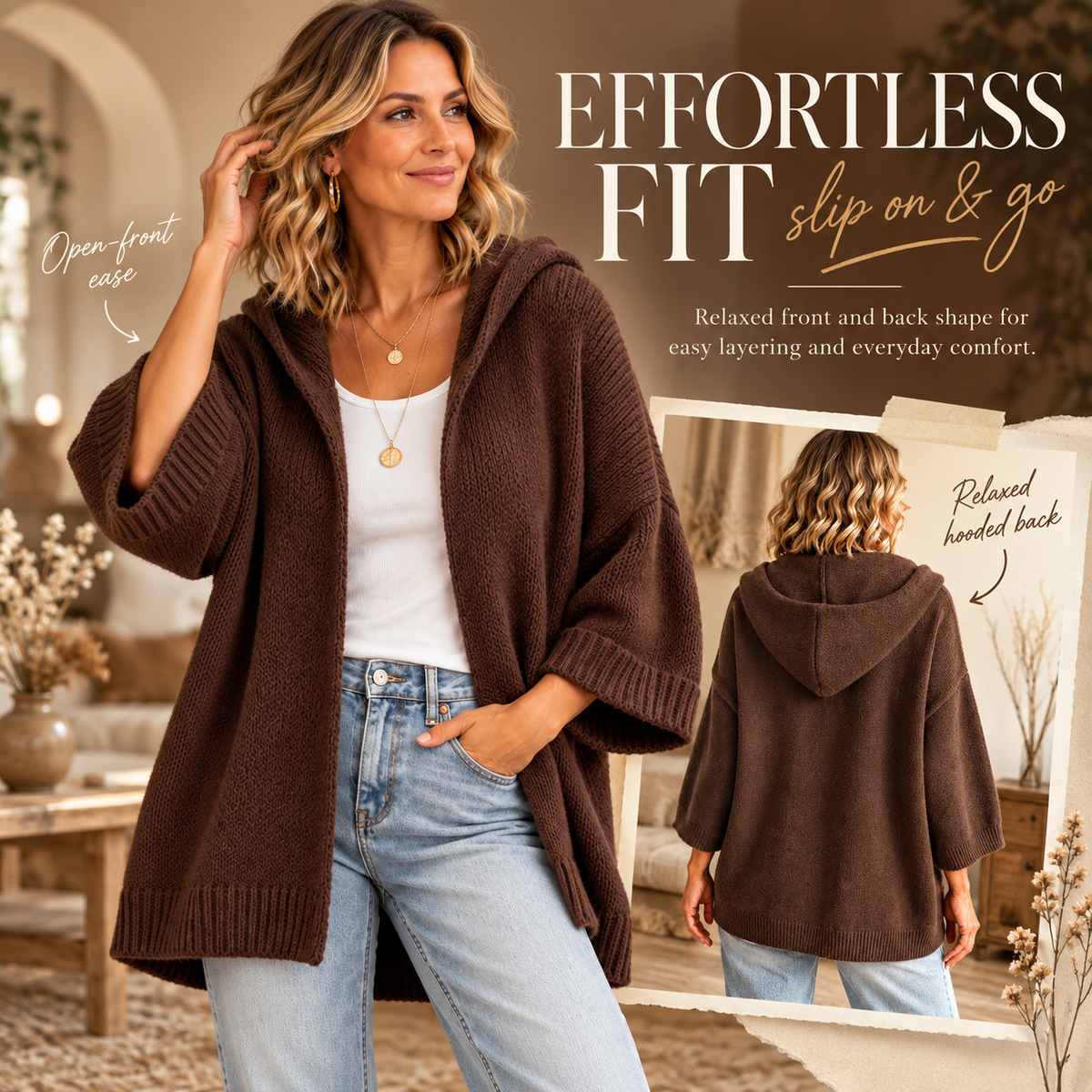 Women’s Hooded Open-Front Knit Cardigan – Relaxed 3/4 Sleeve Sweater