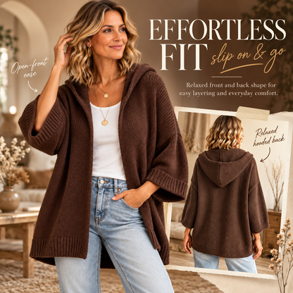 Women’s Hooded Open-Front Knit Cardigan – Relaxed 3/4 Sleeve Sweater