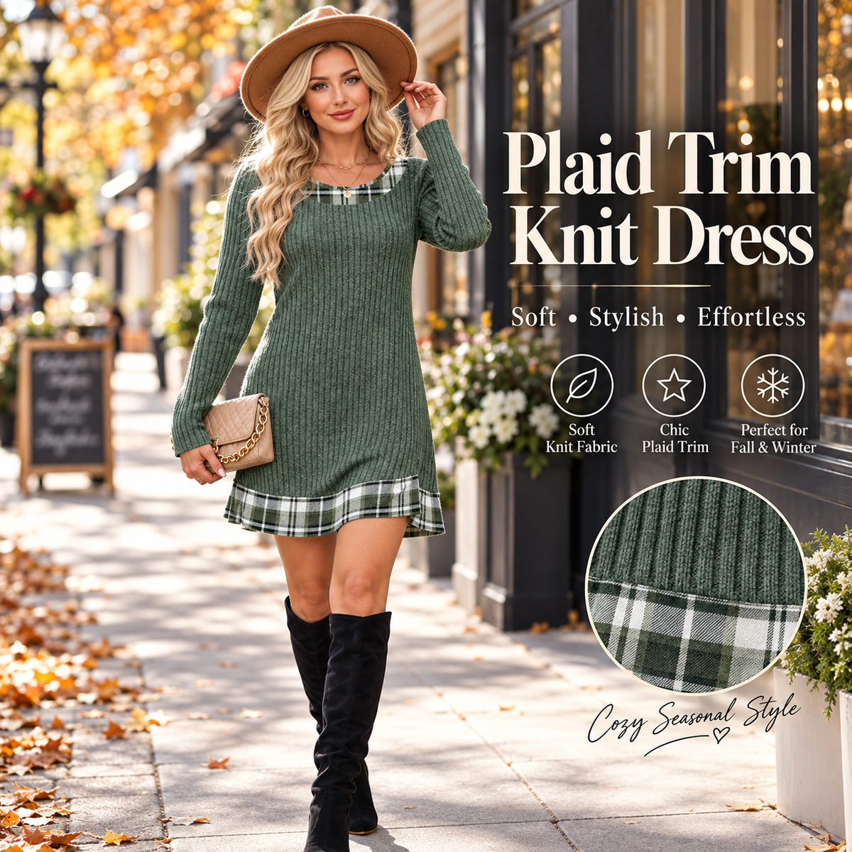 Women’s Plaid Patchwork Sweater Dress – Long Sleeve Knit Style