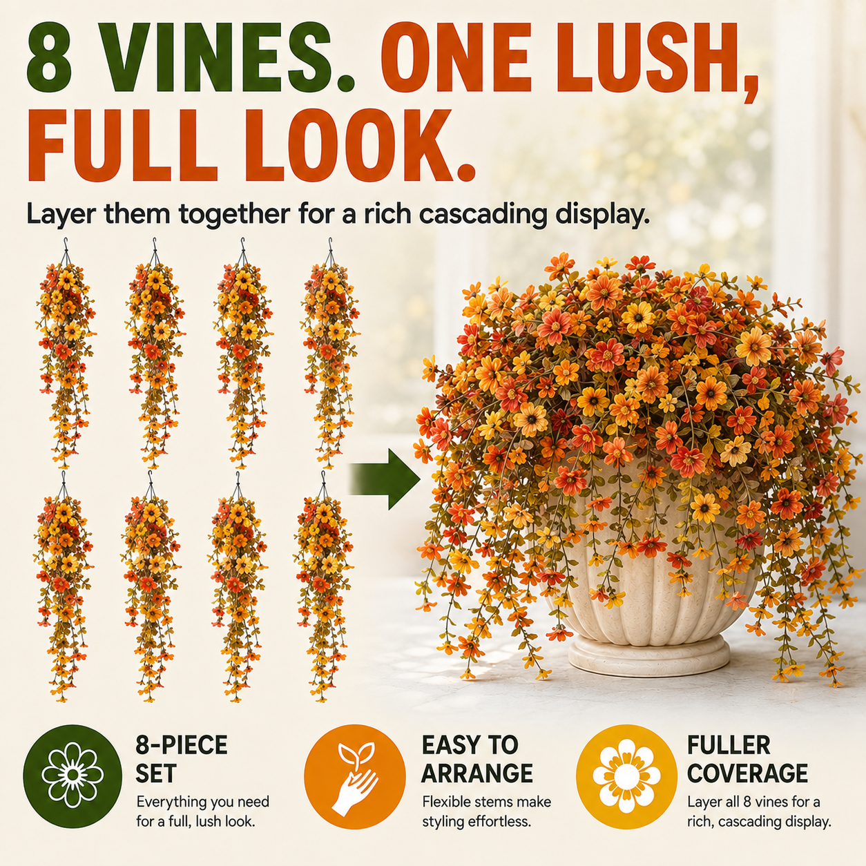 🌿 Maintenance-Free 30-Inch Cascading Faux Daisy Vines – Rich Seasonal Porch & Window Box Decor (8 PCS)