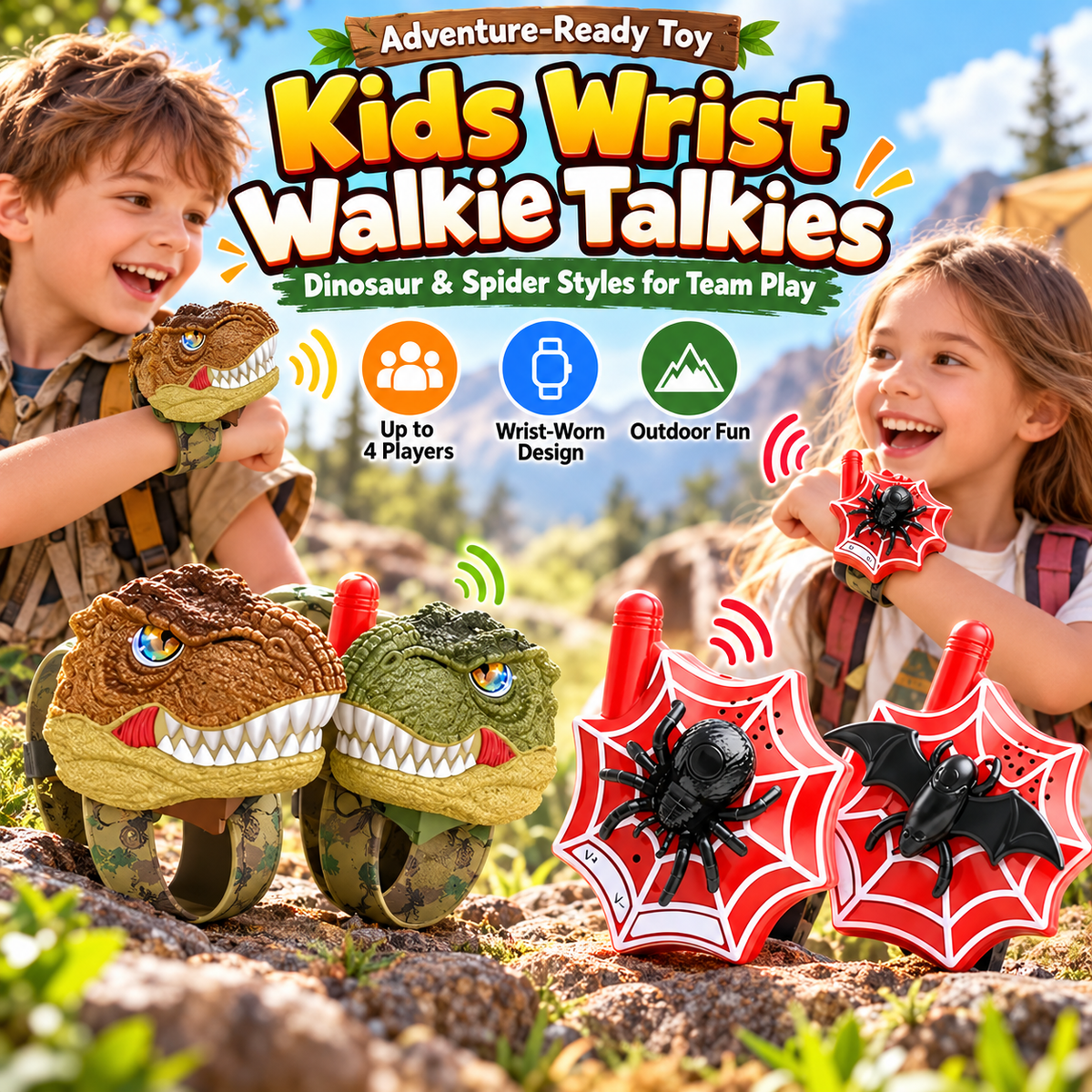2-Pack Kids Walkie Talkies – Up to 4 Players, 3280FT Range, Fun Dinosaur & Spider Wrist Toys
