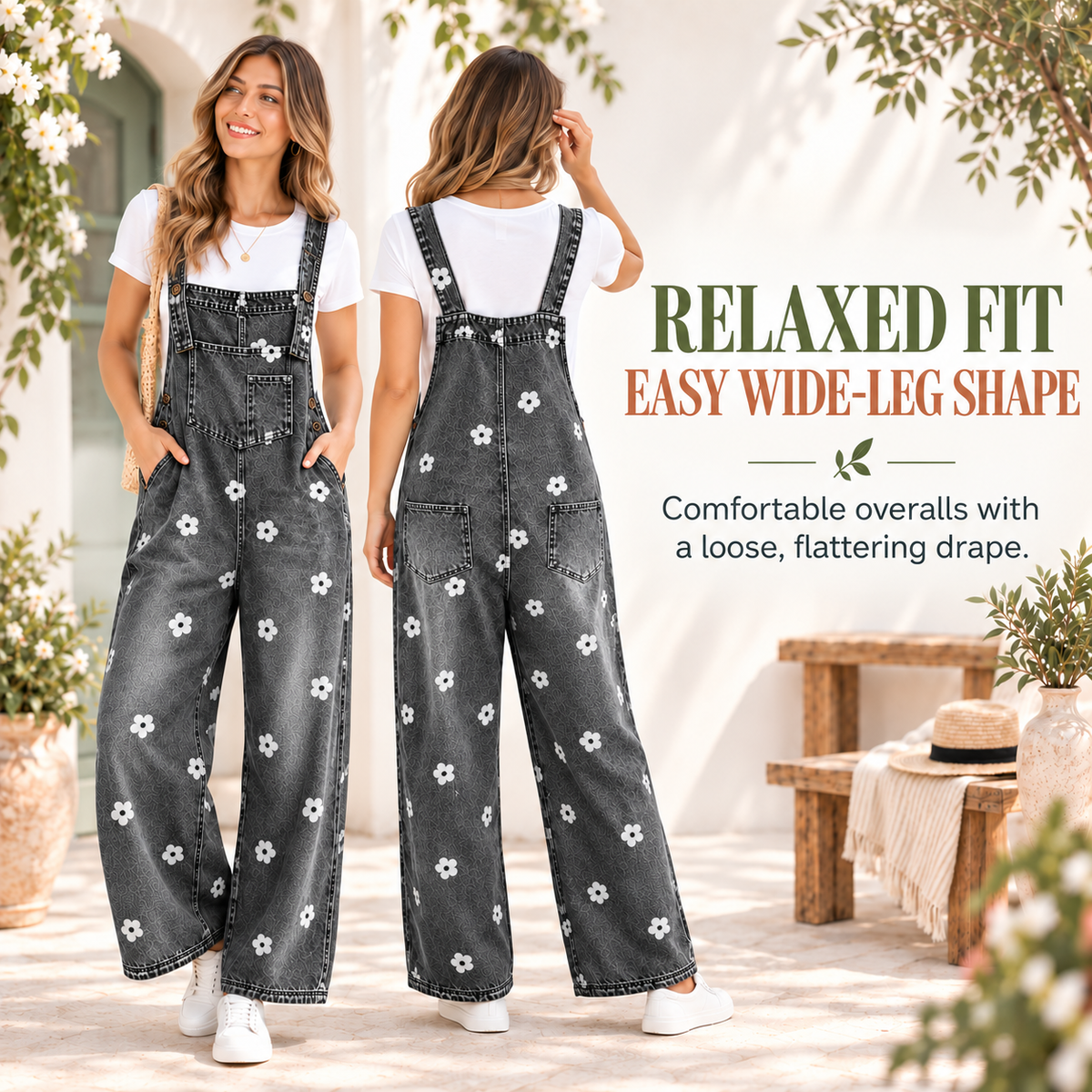 Women's Bib Overalls, Cute Floral Print Denim Jumpsuit with Baggy Wide Leg and Adjustable Straps, Fashion Apparel Chic Pants