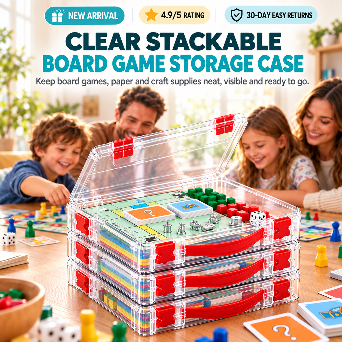 Clear Stackable Board Game Storage Case – Organize Games, Puzzles & Crafts with Ease