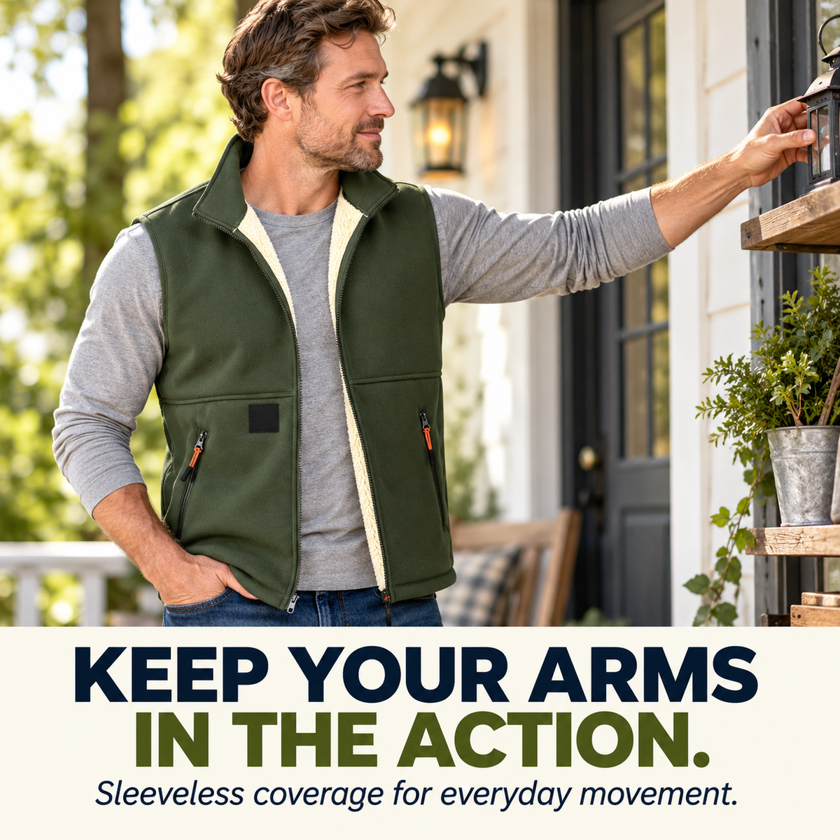 ❄️ Men’s Fleece-Lined Full-Zip Vest with Stand Collar & Zippered Pockets
