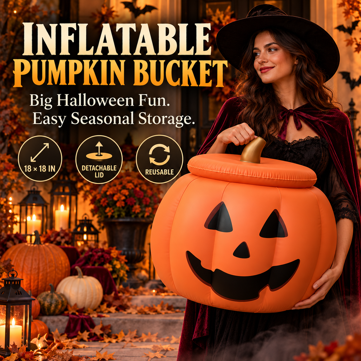 Inflatable Pumpkin Bucket with Detachable Lid & Reusable Design