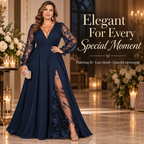Plus Size Lace Sleeve Deep V-Neck A-Line Maxi Dress