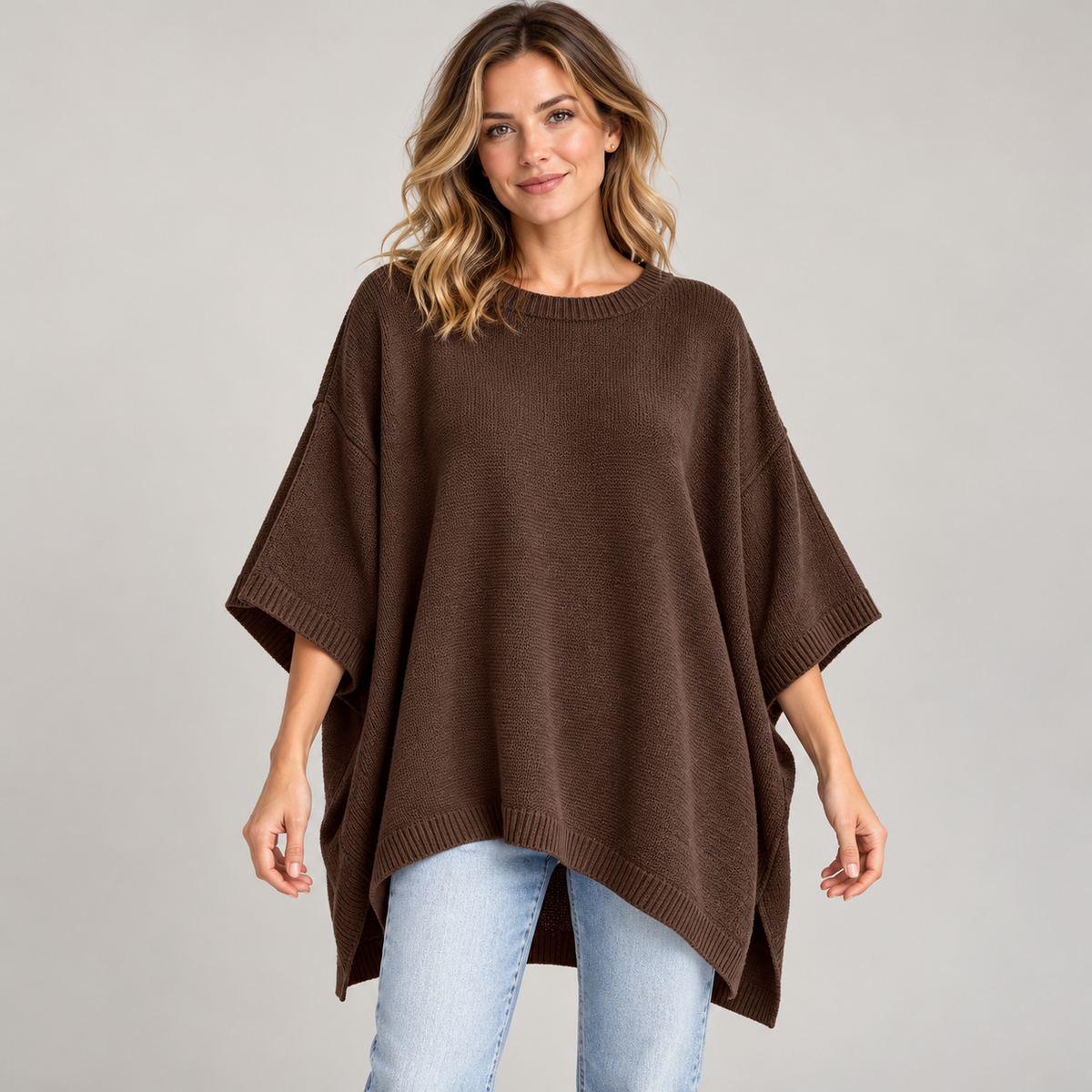 Everyday Relaxed Batwing Knit Sweater - Round Neck Oversized Pullover