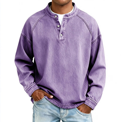 Vintage Wash Henley Sweatshirt | Casual Loose Fit Long Sleeve Top