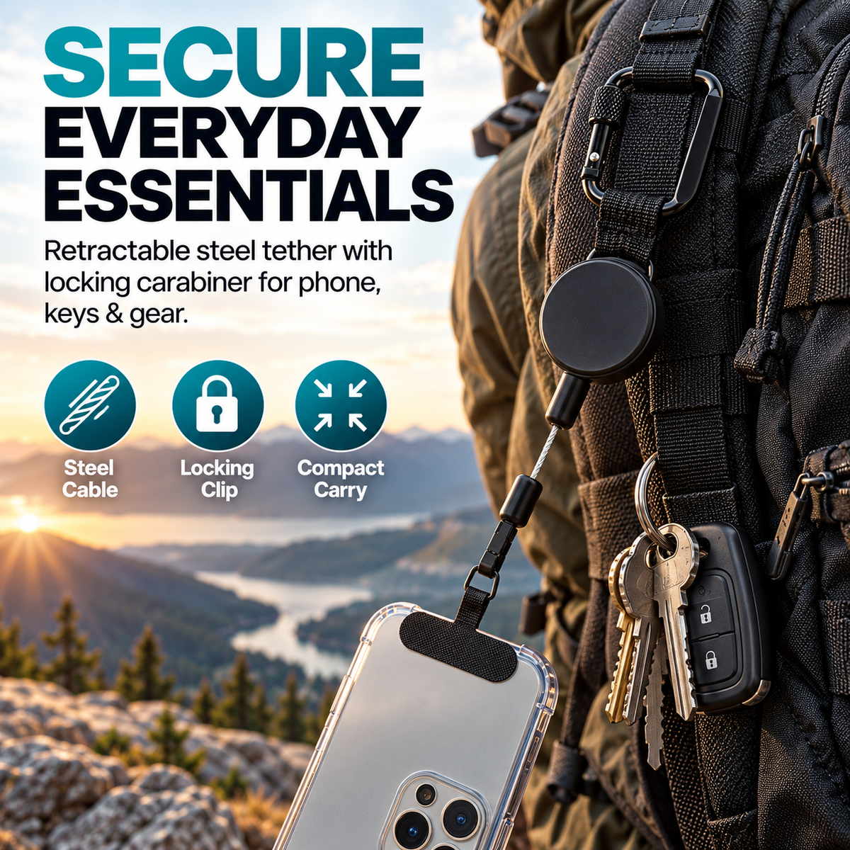 Retractable Steel Tether with Locking Carabiner – Secure Your Phone, Keys & Essentials Anywhere