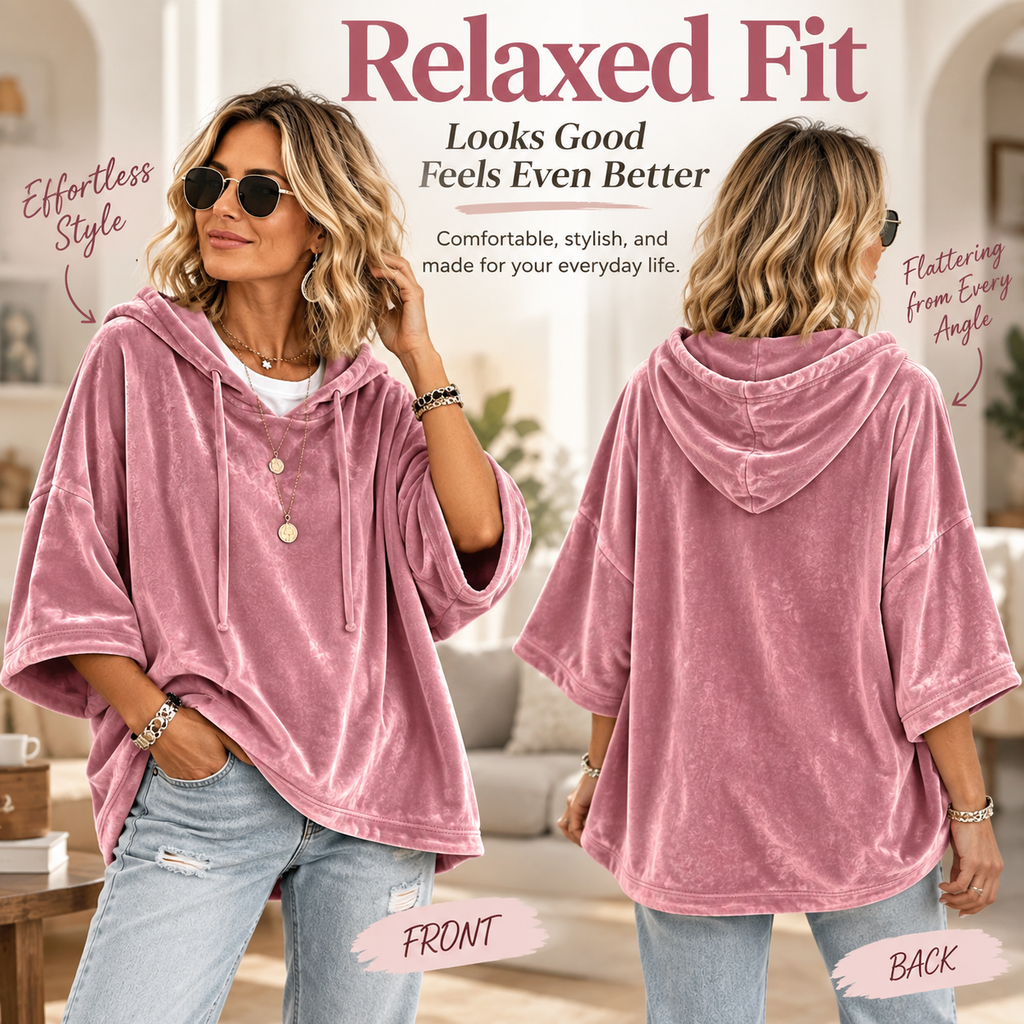 Women’s Velour Hooded Top — Loose Fit Pullover with 3/4 Sleeves