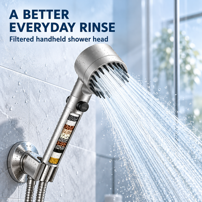 🚿Silver Filtered HandheldShower Head I ON/OFF Switch,High Pressure Turbo Flow,Chlorine Filter for Hard Water