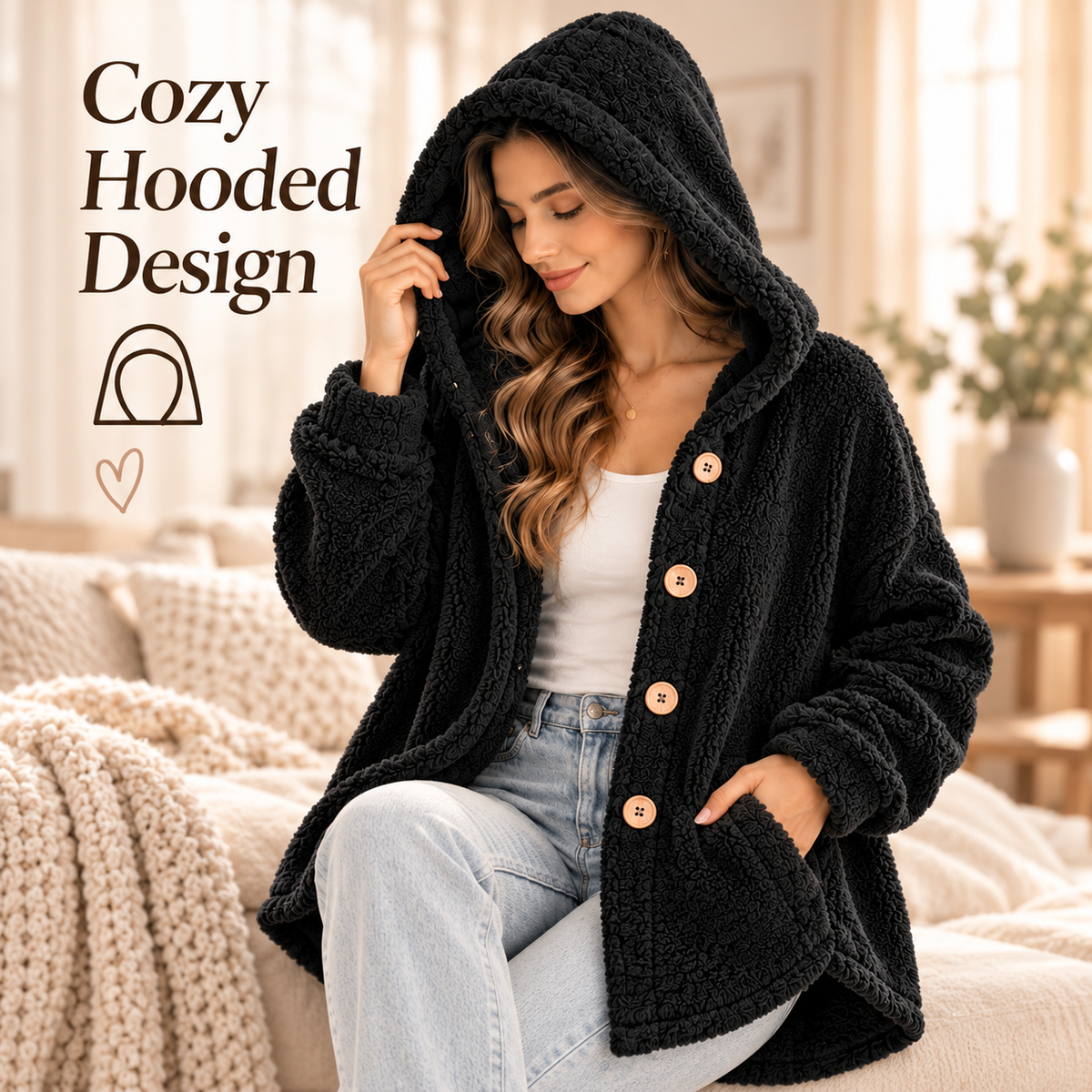 Black plush hooded coat with oversized soft hood