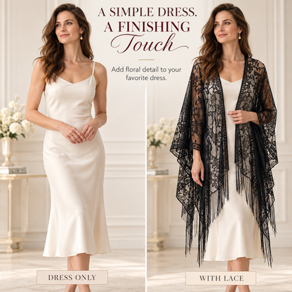 Elegant Floral Lace Kimono Wrap with Flowing Fringe | Evening & Wedding Shrug