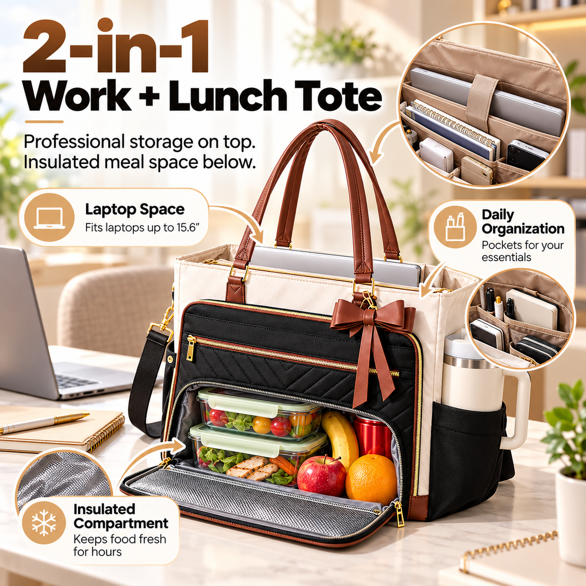 👜 2-in-1 Insulated Work Tote Bag with Lunch Compartment, 17.3" Laptop Sleeve & 40oz Cup Holder