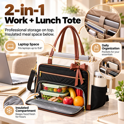 👜 2-in-1 Insulated Work Tote Bag with Lunch Compartment, 17.3" Laptop Sleeve & 40oz Cup Holder