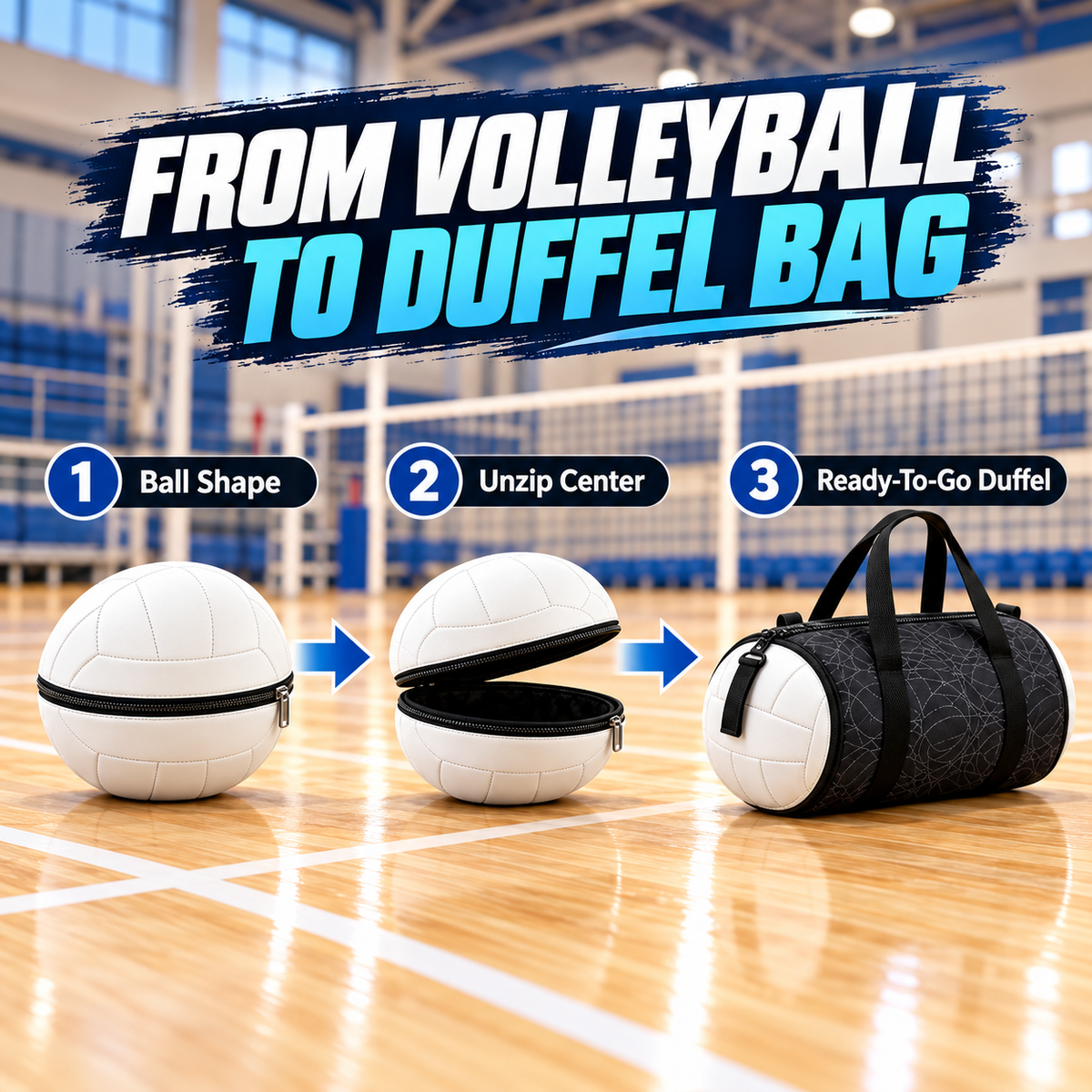 Volleyball bag shown as closed ball, partially opened case and fully unfolded duffel