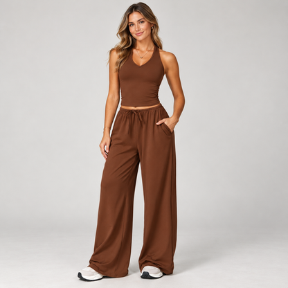 ✨ Women's Comfy 2-Piece Lounge Set – Halter Tank Top & Relaxed Wide Leg Pants