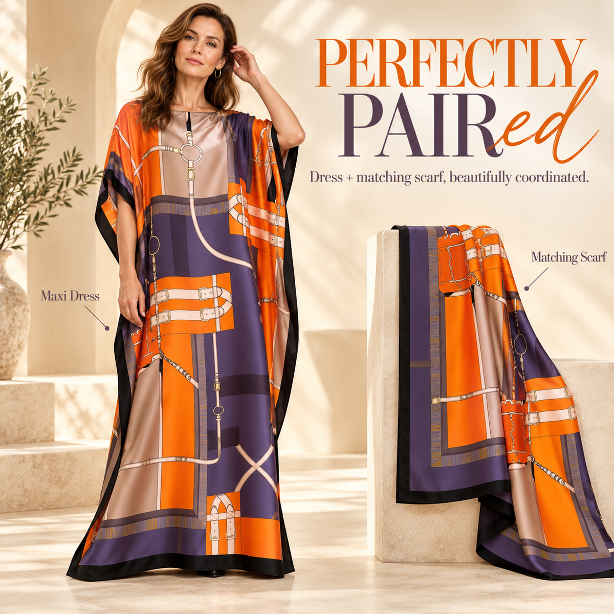 Printed Kaftan Maxi Dress & Matching Scarf Set