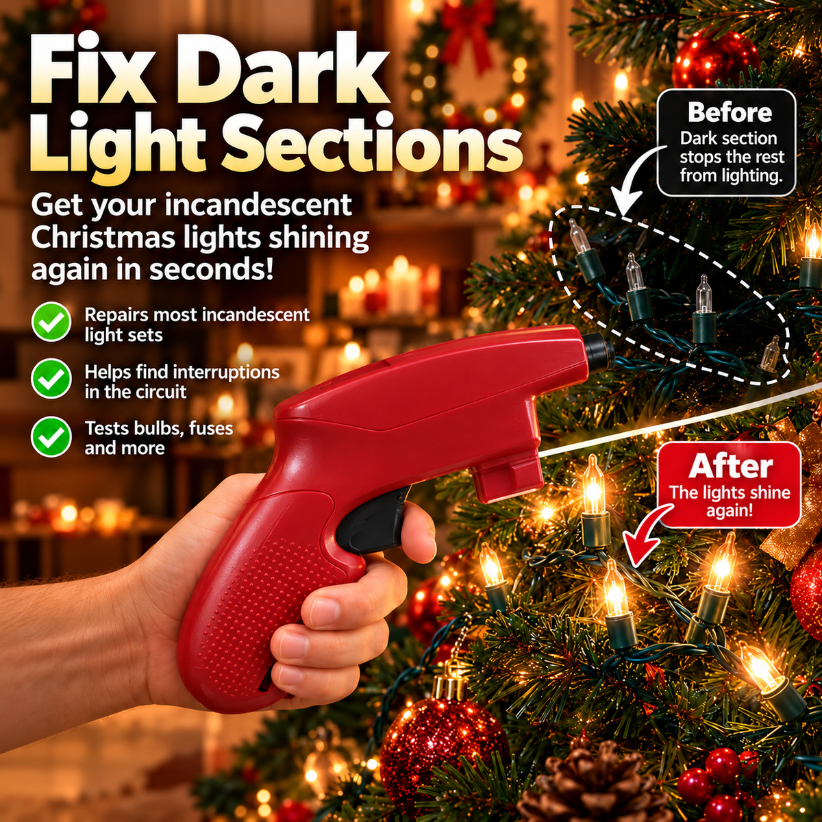 🎄Christmas Light Repair Tool – Quickly Fix Incandescent String Lights, Test Bulbs & Fuses💡