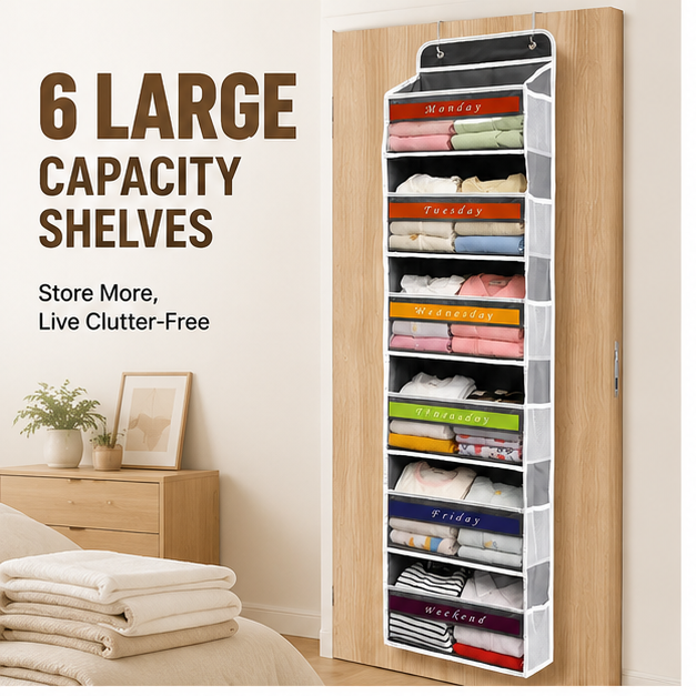 6-Tier Hanging Closet Organizer Over The Door Wardrobe Storage with Clear Card Slot