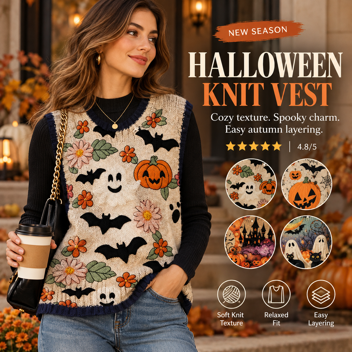 Women’s Halloween Knit Sweater Vest – Cozy Spooky Layering Top for Fall Outfits