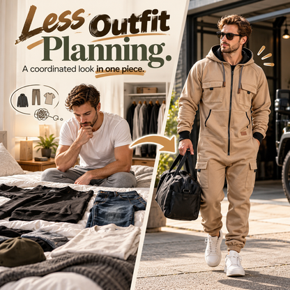 🛠️ Men's Utility Cargo Jumpsuit – Hooded Zip-Front One-Piece Workwear with Multiple Pockets