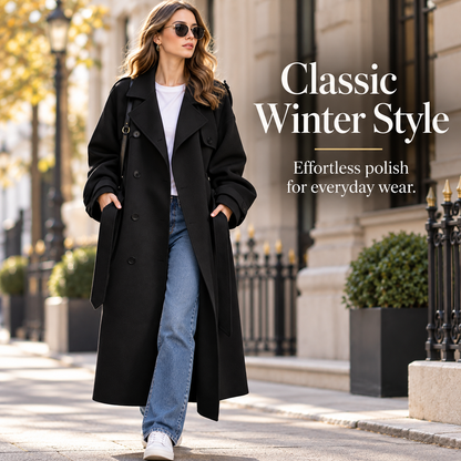 Women’s Classic Double-Breasted Wool Blend Long Coat
