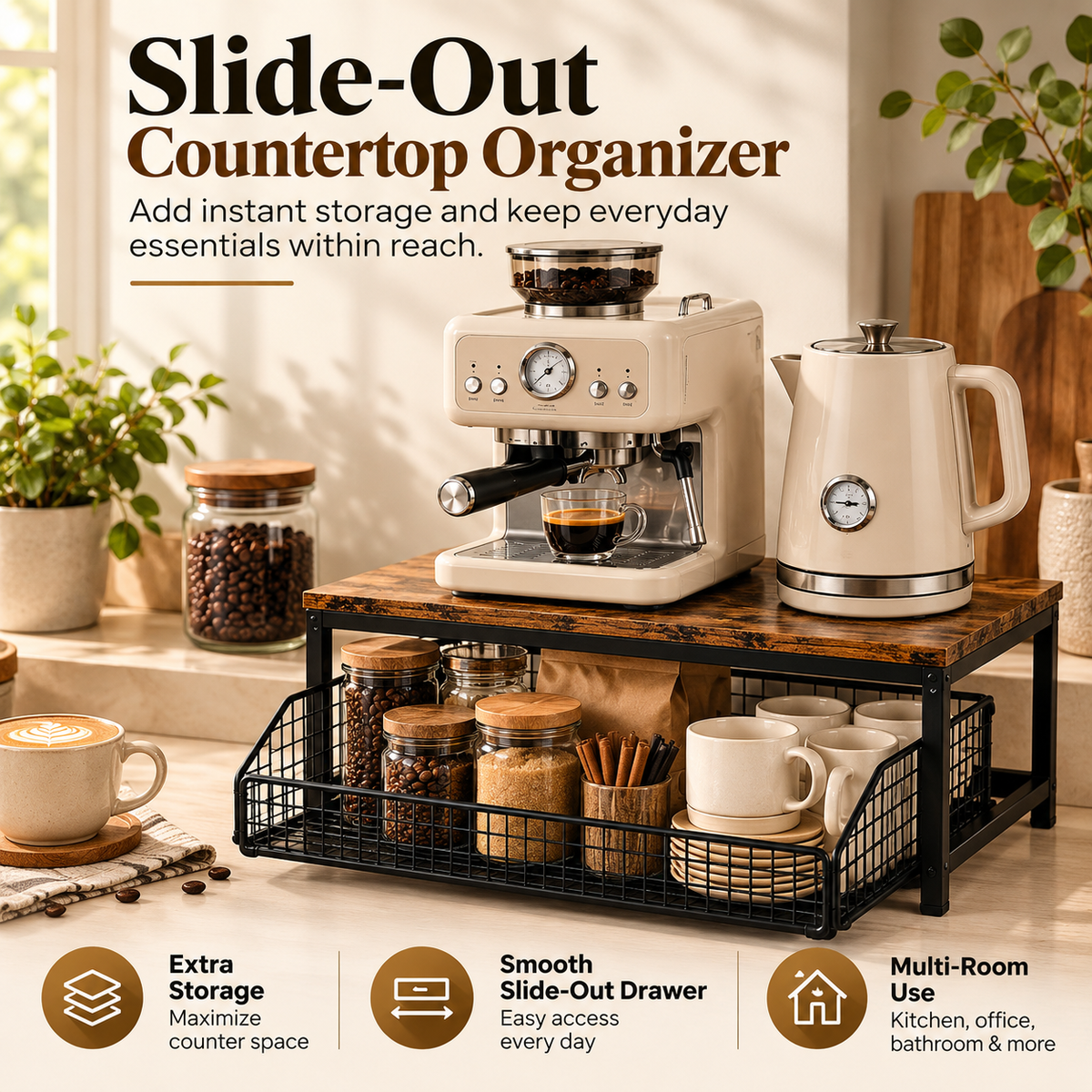 🏡 2-Tier Slide-Out Countertop Organizer – Instant Extra Storage for Kitchen, Office & Bathroom