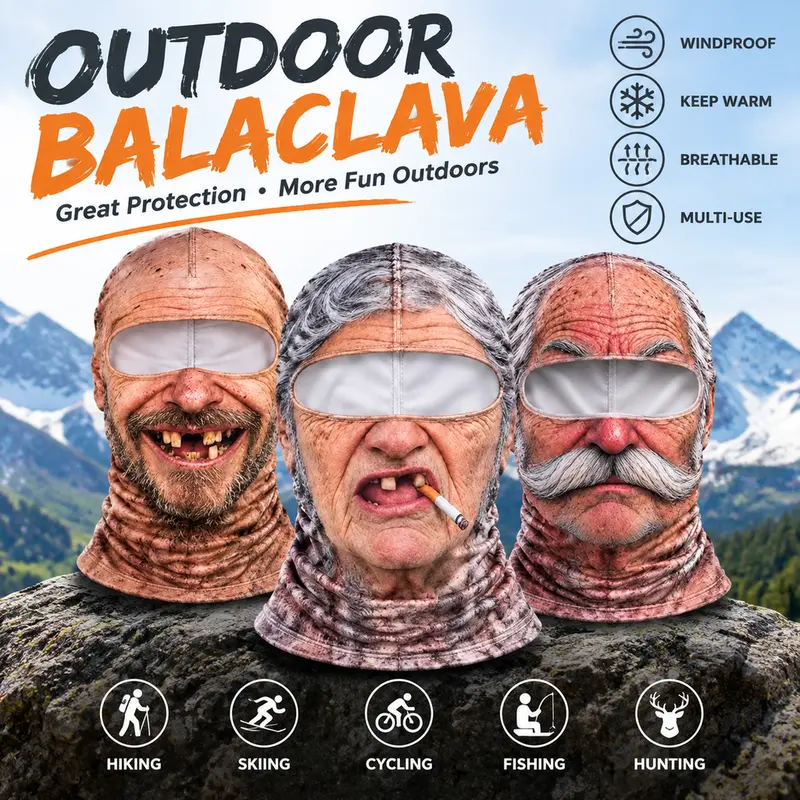❄️ Realistic Print Balaclava, Funny Full Face Ski Mask for Halloween & Winter Sports 👺