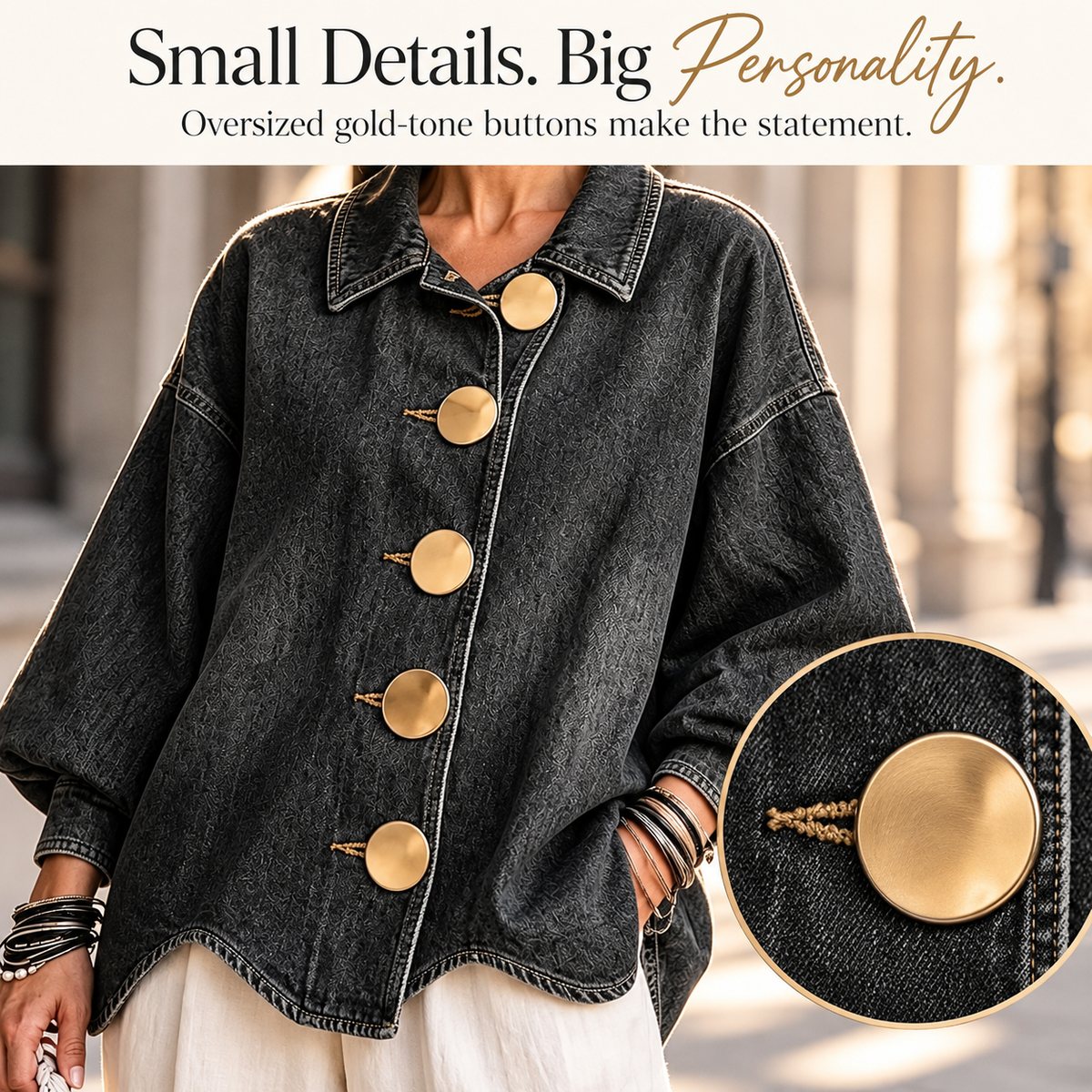Boho Textured Denim Jacket - Loose Fit Lantern Sleeve Jacket with Oversized Gold Buttons