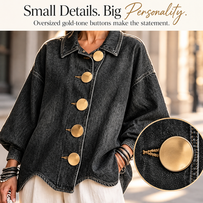 Boho Textured Denim Jacket - Loose Fit Lantern Sleeve Jacket with Oversized Gold Buttons