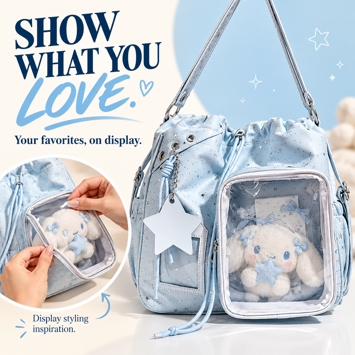 ✨ Star-Embossed Ita Bag | Convertible Drawstring Backpack & Shoulder Bag with Clear Window 🎒
