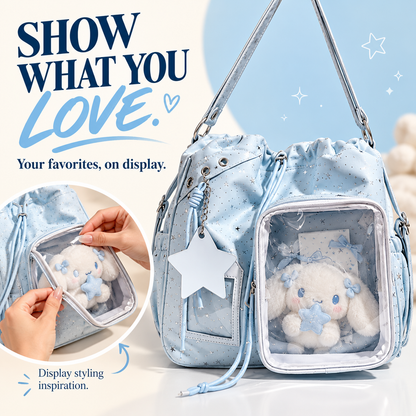 ✨ Star-Embossed Ita Bag | Convertible Drawstring Backpack & Shoulder Bag with Clear Window 🎒