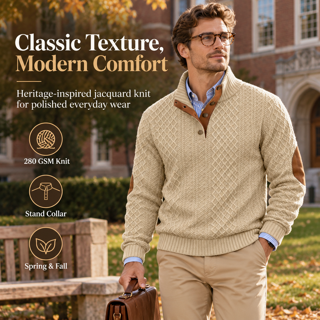 Men's Jacquard Stand Collar Pullover Sweater