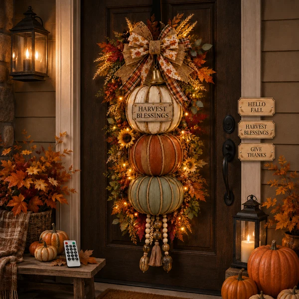 🏡🎃Lighted Stacked Pumpkin Fall Door Decor with 3 Seasonal Plaques