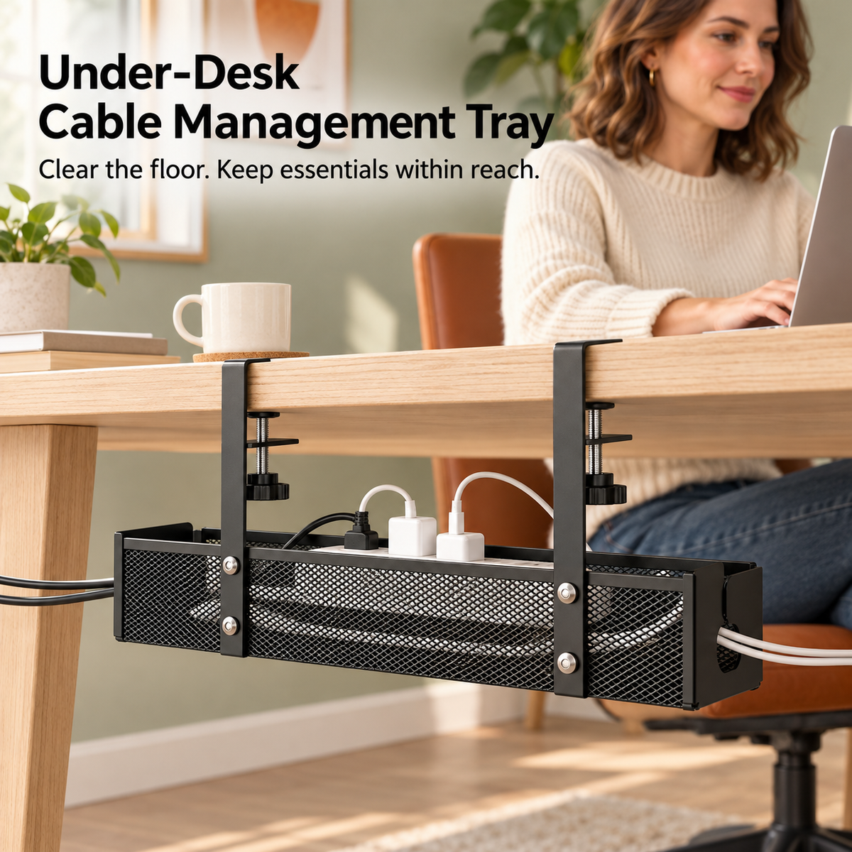 Under-Desk Cable Management Tray – No-Drill Clamp Organizer for Desks Up to 2" Thick