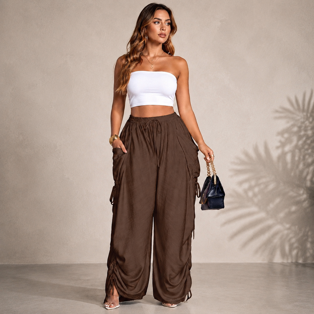 Women’s Relaxed Wide-Leg Pants – Adjustable Drawstring Waist Casual Trousers