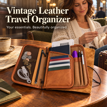 Vintage Leather Travel Organizer Wallet with Passport Holder & 10 Card Slots