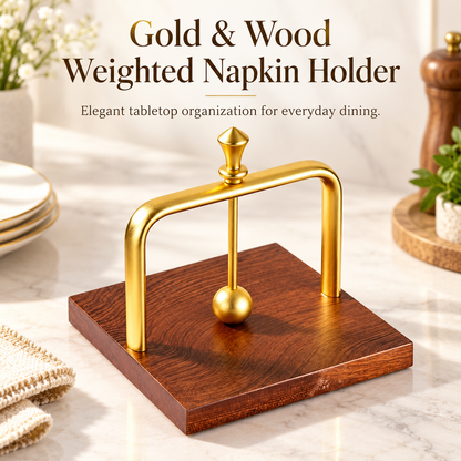 Gold & Wood Weighted Napkin Holder with Secure Arm
