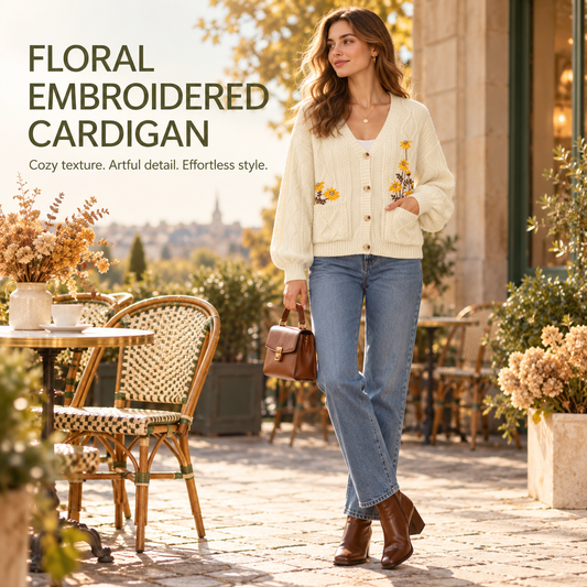 Women's Floral Embroidered Cable Knit Cardigan – Cozy Relaxed Button-Front Sweater with Pockets