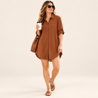 Women's Casual Longline Button-Down Tunic Shirt — Roll-Tab Long Sleeve Flowy Curved Hem Top