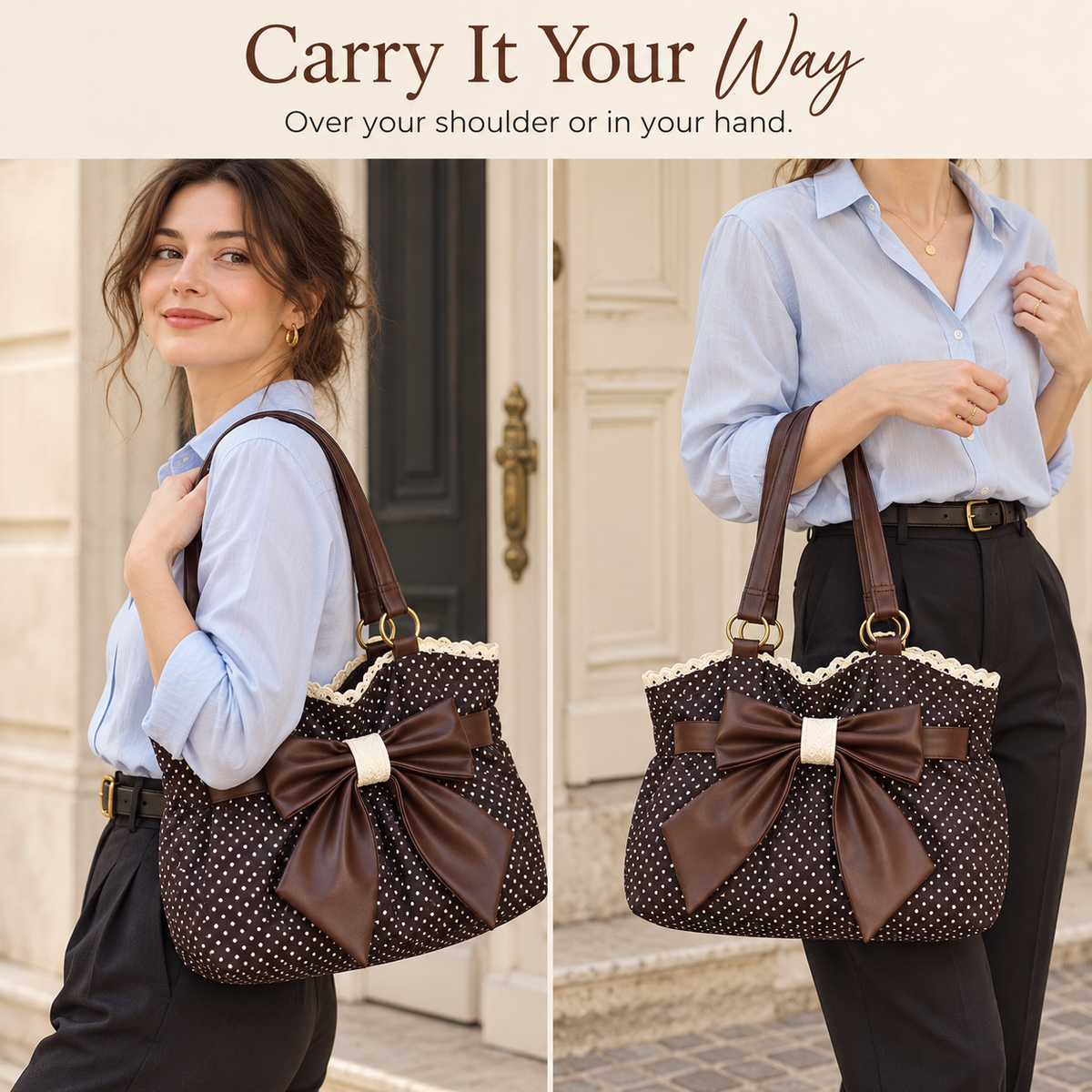 🎀Retro Chic Polka Dot Bow Tote — Vintage Lace Fabric Shoulder Bag & Daily Travel Purse 👜