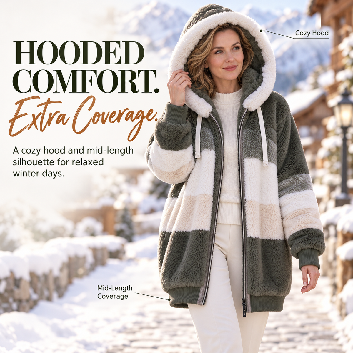 Women's Colorblock Plush Hooded Zip-Up Winter Jacket