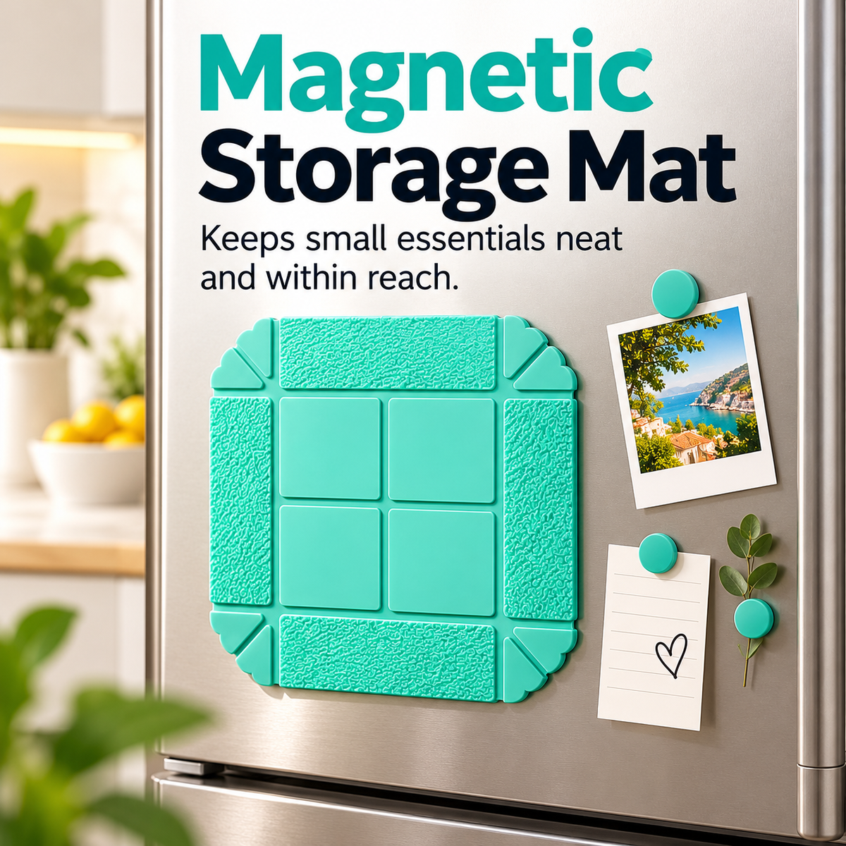 Mint silicone magnetic storage mat on refrigerator door with small photos and notes nearby