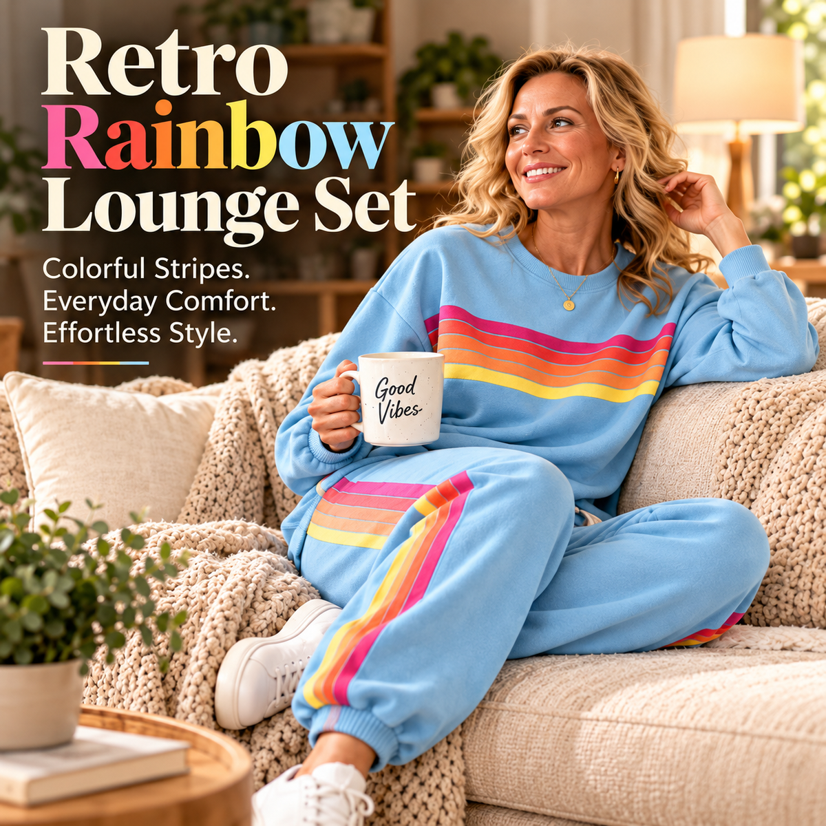 🌈Women's Retro Rainbow Stripe 2-Piece Set – Relaxed Sweatshirt & Drawstring Joggers 💕