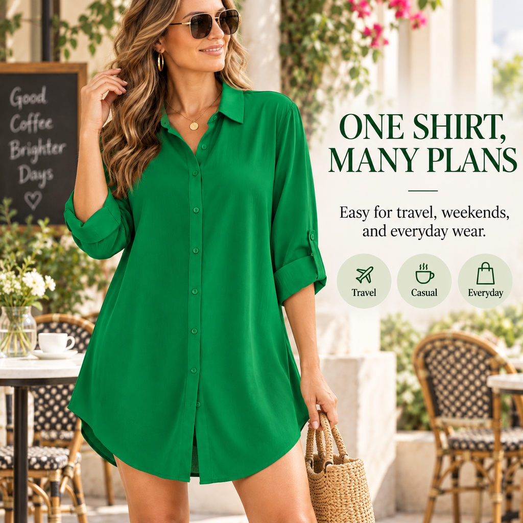 Women's Casual Longline Button-Down Tunic Shirt — Roll-Tab Long Sleeve Flowy Curved Hem Top