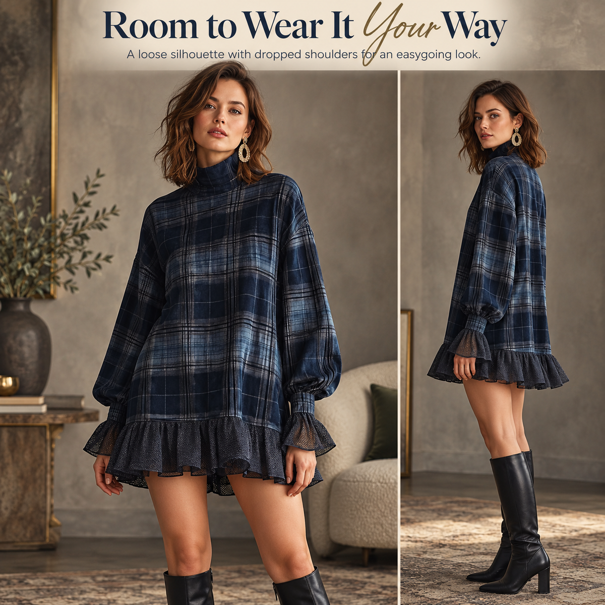Women's Vintage Plaid Mini Dress – Mock Neck, Relaxed Fit & Ruffle Hem