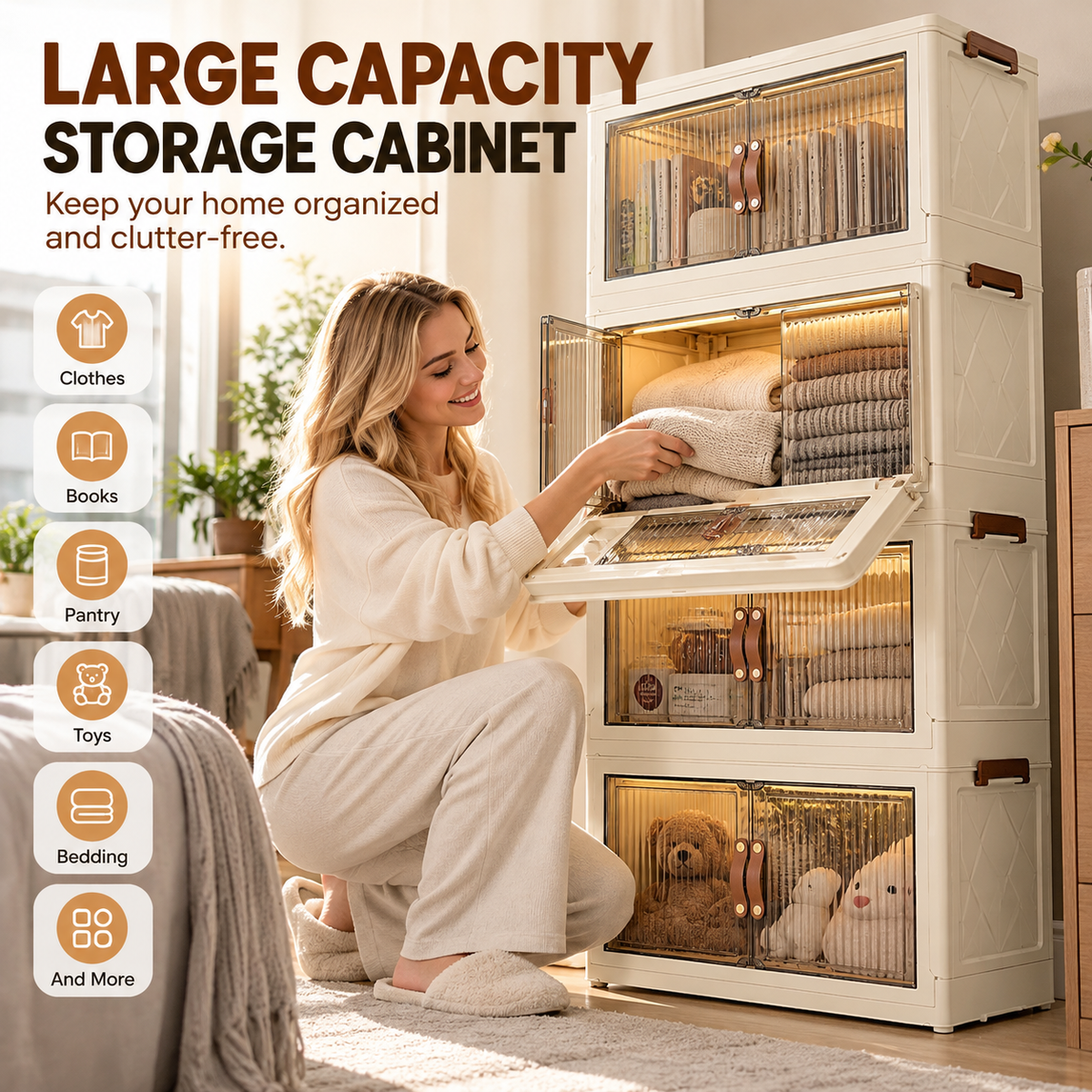 Large Capacity Foldable Storage Cabinet with Magnetic Doors & Stackable Design