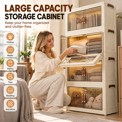 Large Capacity Foldable Storage Cabinet with Magnetic Doors & Stackable Design